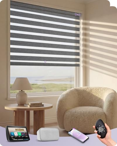 Graywind Electric Smart Zebra Blinds, Dimout or Translucent Dual-Layer Privacy Control, Motorised Day Night Blinds, Made to Measure, Rechargeable with Remote, Alexa Google Compatible, Grey