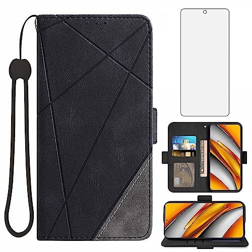 Asuwish Funda para Xiaomi Poco F3/Mi 11i 5G Carcasa con Cristal Protector de Pantalla Flip Libro con Tapa Antigolpes Resistente PU Cuero Billetera Soporte Mi11i/11X Pro/Redmi K40 Plus Phone case Negro