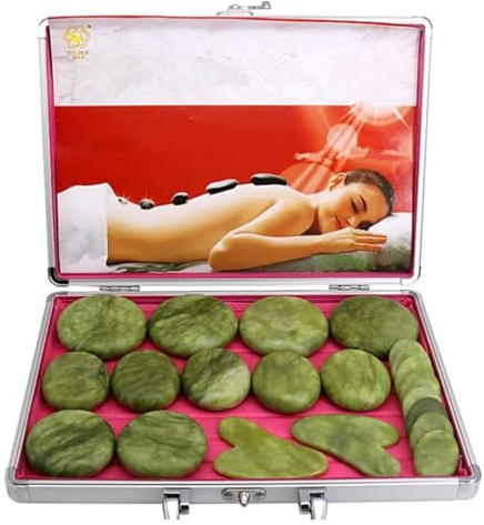 VEXIGO 21PCS of Olive Jade Massage Hot Stone Set with Heater | Energy Stone Scraping Board Set Suitable for Professional or Home SPA Relaxation Treatment