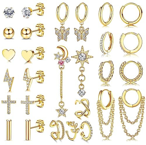 Kakonia 14Paar Helix Piercing für Damen Ohrstecker Creolen Klein Edelstahl Ohrring Kette Gold Silber Stud Hoop Earrings Tiny Chain Dangle Knorpel Huggie Ohrringe Piercing Ohr Set Damen