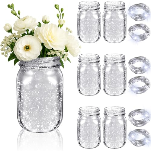 Layhit 6 Pcs Painted Mason Jars Colored Painted Mason Jars Centerpiece for Table with 6 Pcs 9.84 ft 30 LED Operated Fairy Lights for Wedding (Silver)