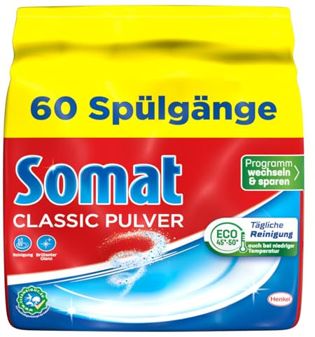 Somat Classic Pulver, Spülmaschinenreiniger für die tägliche Reinigung, entfernt hartnäckigste Flecken bei jeden Spülgang, schonend für die Umwelt, 5x 960g