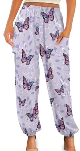 ZOUTAIRONG Purple Butterfly Womens Harem Pants Workout Gym Bloomers Sweatpant Pocket for Women Tai Chi Pant Fitness Casual Pants Wide Leg Bohemian Beach Pants Breathable -L
