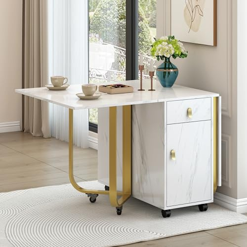 Lexiou Klappbarer Esstisch (1-St) mit Aufschrank und 2-Schubladen, Klappbarer Küchentisch vielseitiger Tisch, Platzsparender Esstisch mit 4-Stützbeinen,Mit Riemenscheibe (Golden)