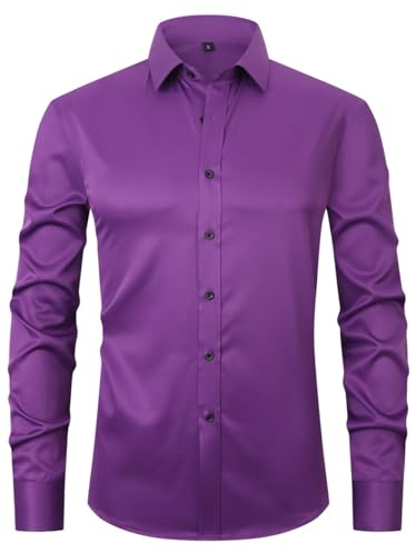 corfty Chemise habillée à manches longues pour homme – Chemise boutonnée extensible infroissable coupe régulière, violet, Taille 3XL