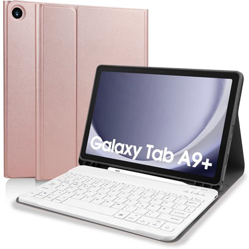 Zabatoco Tastatur Hülle für Samsung Galaxy Tab А9 Plus 2023 11 Zoll [QWERTZ Deutsches], Abnehmbar Tastatur Schutzhülle mit Pencil Halter für Samsung Tab A9+ / A9 Plus (SM-X210/X216/X218),Roségold