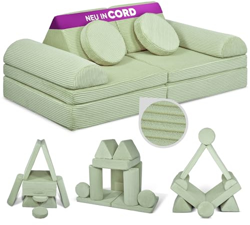 Linodino® Spielsofa Cord, Kindersofa-Bausteine, Kindercouch, Stapelsteine | Oeko Tex & spiel gut, formstabil & langlebig, waschbare Bezüge, wasserfeste Unterbezüge, verstärkte Nähte & Tragegriffe