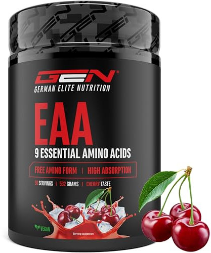 Poudre d'EAA 532 g - Les 9 acides aminés essentiels, y compris l'histidine et les BCAA - Formule Human Code - Boisson d'entraînement aminé - Super solubilité - Vegan (Cerise)