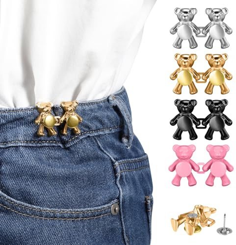 AOZUO 4 Paare Knöpfe Hosen Enger Machen,Buttons Selber Machen,Hose Enger Machen Clip Knöpfe Zum Annähen Cute Bear No Sew Waist Button Jeans Knöpfe Stifte Jeansknöpfe Niedliche Bären Verstellbare