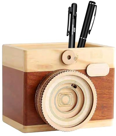Sempoda Kamera-Stiftehalter aus Holz, Schreibtisch-Stifthalter Im Retro-Design, Kreativer, Einzigartiger Stifthalter, Stationäres Make-up, Dekorativer Schreibtisch-Organizer