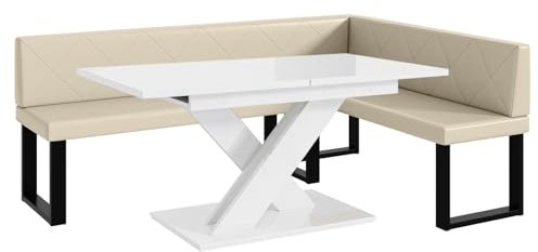 MEBLINI Eckbank für Esszimmer mit ausziehbarem Tisch - Küchenbank - Essecke - Sitzecke Küche - ERIC - U-Beine 142x196x87cm Rechts - Creme Kunstleder/B Weiß Hochgl.
