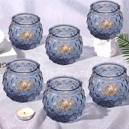 6 Pcs Glass Tea Light Candle Holders, Blue Votive Candle Holders Tealight Holders for Table Centerpiece Wedding Home Decoration (Blue-6pcs)
