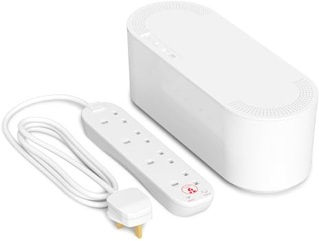 D-Line Kabelkanalbox mit 4 Steckdosen, 2 m Verlängerungskabel, 13 A, Überspannungsschutz, Kabelmanagement-Lösung, TV-Drahtordnung, Schreibtisch-Kabel-Organizer – klein, Weiß