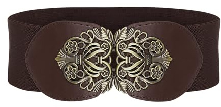 BlackButterfly Elastic Vintage Buckle Belt | 3 Inch Wide, Antique Buckle, Floral Scrollwork, Seamless Clasp, Faux Leather Panels, Fully Elastic, Sizes S-XXL