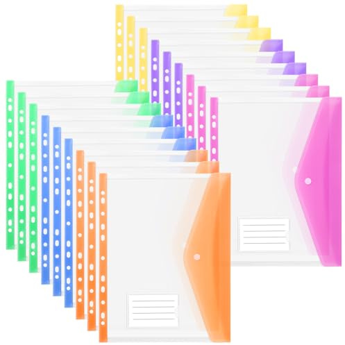 OFFCUP Perforerade expanderbara fickor, 18 st A4-plånbok i plast, transparent plastfodral med automatiska knappar och etiketter, 6 färger (horisontell sektion)