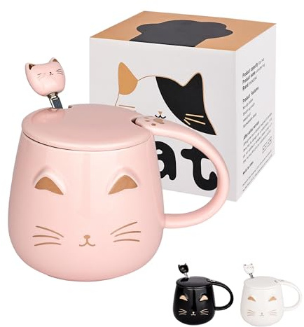 OPTVTAVITA Söt kattmugg keramisk kaffekopp med kawaii-lock och härlig sked i rostfritt stål nyhet morgonkopp kaffe mjölk te muggar – 3D-djurmuggar för kattälskare kvinnor gåvor (rosa)