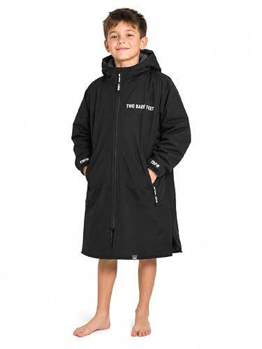 Two Bare Feet Core Waterproof Changing Robe – Unisex Kids Waterproof Windproof Coat, Fleece Lined, Ideal for Outdoor Swimming, Surfing, Camping, Beach Use (Black/Charcoal, 10-14 Years)