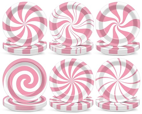 48Pcs Christmas Peppermint Candy Party Supplies Pink White Striped Candy Paper Plates 7 Xmas Dessert Plates Sweet Candyland Holiday Decorations for Kids Birthday Baby Shower Favors Serves 48 Guests