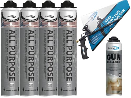 Bond It All Purpose Gun Grade PU Expanding Foam Set – 4 Pack (750ml Each) with Foam Gun & Cleaner – B3 Fill and Fix Insulation Foam Filler for Gaps, Windows, Doors & Framework Installation