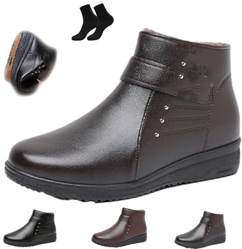 GAGFDA Bottines chaudes et antidérapantes en cuir véritable pour femme - Imperméables - Doublure en fourrure - Bottes d'hiver à semelle souple pour femmes d'âge moyen et âgées, marron, 43 EU