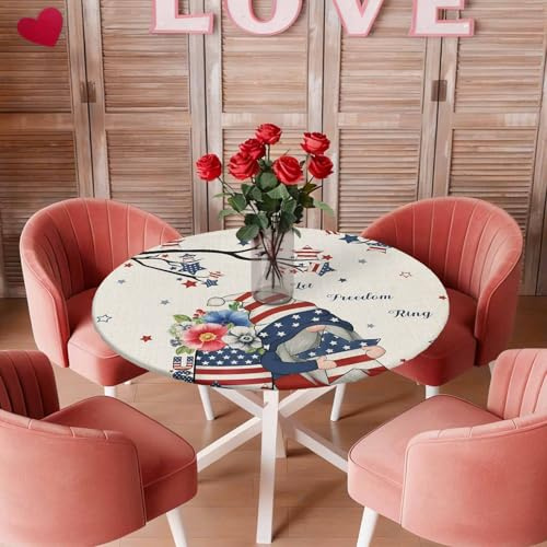 Cuang Life Round Fitted Tablecloth with Elastic Edge, Independence Day Dwarfs Waterproof Table Cover for Indoor Outdoor Kitchen Party Opium Poppy on Retro Linen Table Cloth 36-44