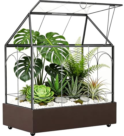 Mini Gewächshaus, 24x14,5x28cm Terrarium mit Aufklappbarem Glasdeckel, Volltransparentem Glas und Bodenwanne,Fensterbank Innen Gewächshaus aus Metallglas für Wohnzimmer und Büro auf der Fensterbank