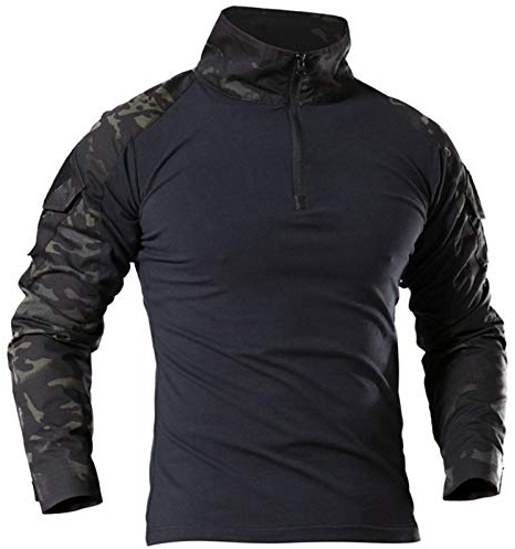 Camicia Maniche Lunghe Tattica Militare Uomo T-Shirt da Combattimento Caccia Traspirante ad Asciugatura Rapida Top Esterno 1/4 con Zip Anteriore Camuffamento Camicie Softair Nero-CP S