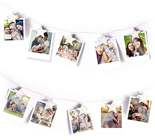 DecoKing LED Fotoclips 10er mit Timer Sterne warmes Weiß statisch batteriebetriebene LED Clips Star Wood