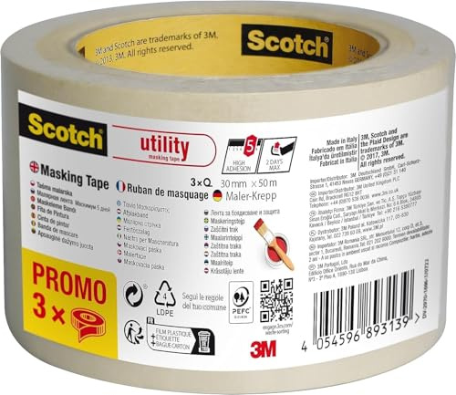 Scotch Utility Nastro di Mascheratura, 30 mm x 50 m, 3 Rotoli/Confezione, Per Pittura e Decorazione Interna, 70% PEFC