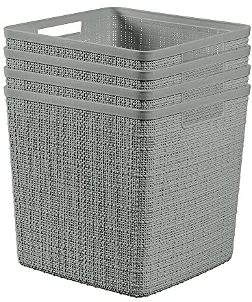 Curver Set of 4 Large Cube 17L Jute Decorative Plastic Organization and Storage Baskets - Perfect Bins for Home Office, Closet Shelves, Kitchen Pantry and All Bedroom Essentials, Grey
