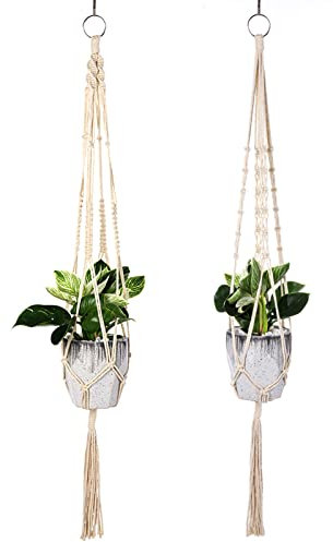 XREE 2 Stück Makramee Blumenampel, 105cm Blumenampel Hängend Innen Hängeampel Hängetopf Baumwollseil Deko Pflanzhänger für Innen Außen Decken Balkone Wanddekoration