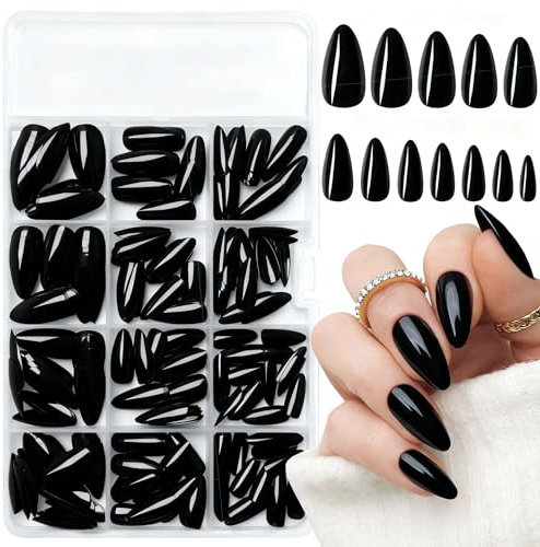 LoveOurHome 240pc Almond Press on Nails Medium Black Fake Nail Tips Full Cover Glue Almond Acrylic Nails Press ons Nail Short Stiletto False Artificial Fingernail & Glue Adhesive Tabs for Women Girls