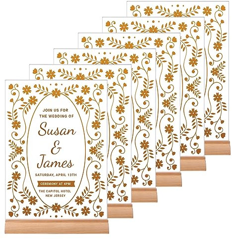 HUAYANG Tischaufsteller DIN A5, 6 Stück Aufsteller Acryl Ständer 19 x 24cm Sockel aus Holz Flyerständer Werbeaufsteller für Fotos, Büro, Restaurant, Cafe, Shop