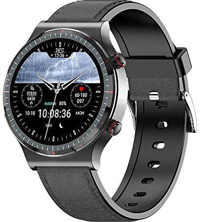 Knauermann Pro 2 (2023) Schwarz - Gesundheitsuhr Smartwatch - OSRAM Sensoren - EKG + HRV Funktion - BT Bluetooth - Schlafapnoe - Blutdruck - Lederfaserband Schwarz, 14-24