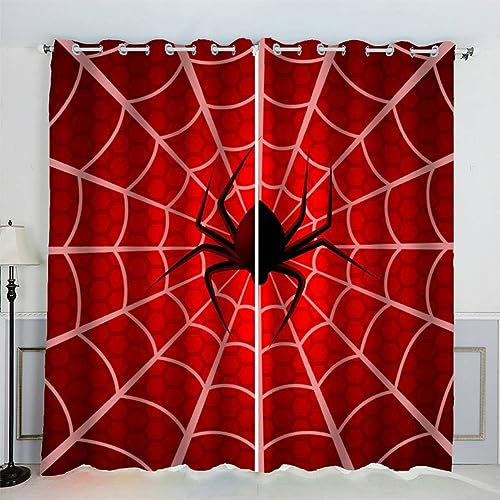 AKATIE Spinnennetz Gardinen Kinderzimmer 3D Drucken Fenstervorhang Rot Vorhänge Abdunkelnd Blickdichte Schallschutz Gardinen mit Ösen 2er-Pack (140x160 cm)