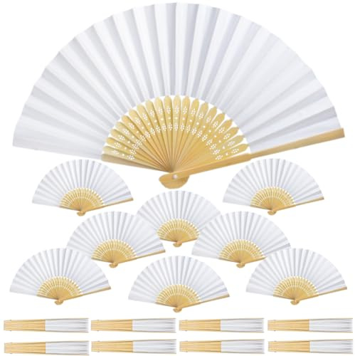 100 Pack White Folding Handheld Paper Fans with Bamboo Handles, Bulk Wedding Fans for Guests, Blank DIY Fans for Wedding Favours, Party Favors, Home Wall Decor & Summer Cooling