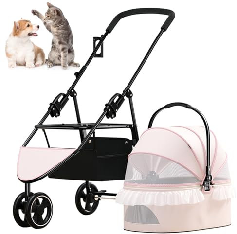 RUYICZB Hundebuggy, Faltbar Klappbar Hundewagen Bis 10Kg, Transporttasche Hunde Buggy Katzenwagen, Hundetrolley Mit 3 Netzfenstern, Aufbewahrungskorb Für Kleine Und Mittle Hunde,Rosa