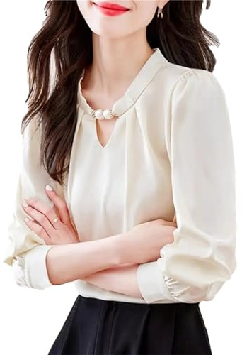 Camisa de manga larga para mujer con cuentas recortadas para oficina, informal, color liso, satén, beige, XL