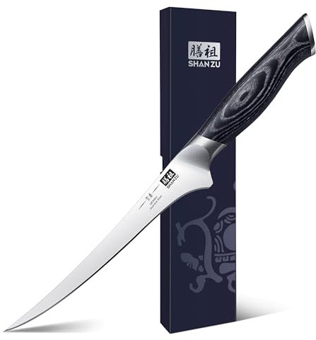 SHAN ZU Filetiermesser Ausbeinmesser 18CM Profi Scharf fischmesser Fischfiletmesser aus Japanischer Kohlenstoffstahl Kochmesser Küchemesser Lachsmesser mit K133 Holzgriff- Genbu Serie