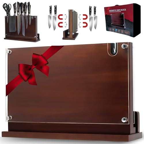 Magnetic Knife Holder Stand 14 x 10 Inches Extra Large Size with Knife Sharpener Wooden Double Sided Magnetic Knife Block Rack for Kitchen Counter with Cutting Board Slot & Acrylic, Sturdy & Durable