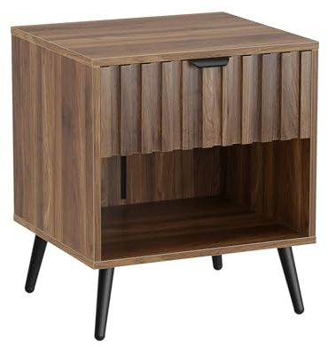 Nussbaum Nachttisch geriffelter, Mitte des Jahrhunderts, moderner, nahtlose Lattenschublade, Metallbeine, Schlafzimmer