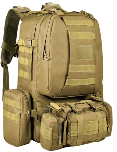 Wiserset Taktisk ryggsäck, 60 l, militärryggsäck, stor överlevnad molle, dagryggsäck för män och kvinnor, avtagbar utomhusväska, Khaki, 60L