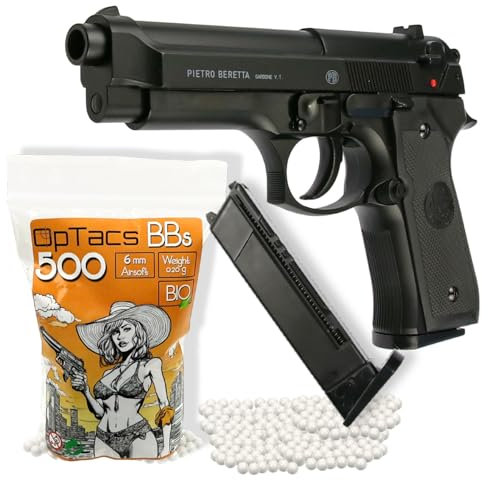 Set Beretta M92 FS HME Softair-Pistole 0,5 Joule Airsoft inkl. 500 Bio BB's & Magazin - Air Soft Waffe mit Metallschlitten