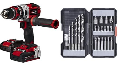 Einhell Atornillador inalámbrico TE-CD 18Li-i Brushless Power X-Change con función de impacto, 18V, 2 velocidades, 60 Nm, luz LED, maletín, 2 baterías de 2,0Ah y cargador +Kit de brocas/ puntas