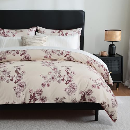 Zusbest Duvet Cover King Size Flannel-Like for Extra Soft 100% Cotton Reversible Tan Floral Shabby Vintage Bedding Wine Red Toile Print Bed Cover Luxury Zipper Comforter Cover Set 3 Pcs- No Filling