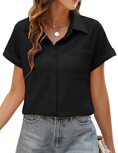 PASUDA Bluse Damen Sommer Elegant Hemdbluse Kurzarm Blusen Musselin Hemd Tunika Tops V-Ausschnitt Button-Down Sommer Oberteile Casual Basic Shirt mit Tasche Blusen (Schwarz, L)