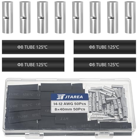 JTAREA 100 Pièces 14-12 AWG Cosses Électriques a Sertir Bout à Bout Non Isolées Kit avec Gaine Thermorétractable Connecteurs Electriques à Sert 2,5-4 mm² Câble Crimp Terminal Connecteur Électrique