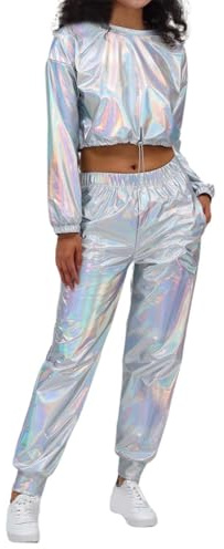 pxjsdwe Alien Kostüm Damen Langarm Glitter Kapuzen Trainingsanzug Glänzend Metallic Crop Top Jogginghose 2-Teilig Alien Space Girl Kostüm Hip Hop Festival 80er Jahre Disco Party Set