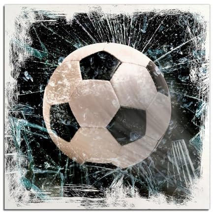 Wallario Wandbild aus Holz Fußball - im Fenster, Splitter und Glas - 50 x 50 cm in Premium-Qualität: Brillante Farben