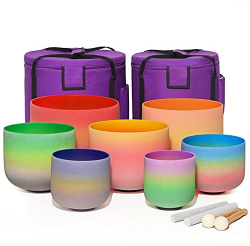 Cuenco Tibetano De Cristal De Cuarzo Esmerilado Arcoíris, Juego De 6 A 12 Pulgadas, For Yoga, Sanación Con Sonido, Limpieza Con Cristales, Meditación, Con Percutor De Gamuza Y Mazo De Goma(440Hz)